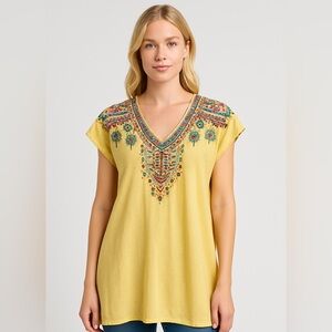 Johnny Was Embroidered Boho Tunic Top Yellow Size Large